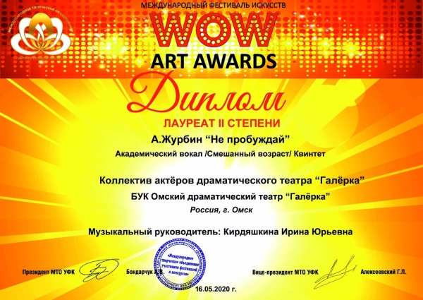Театр &laquo;Галёрка&raquo; стал лауреатом Международного фестиваля &laquo;WOW ART AWARDS 2020&raquo;