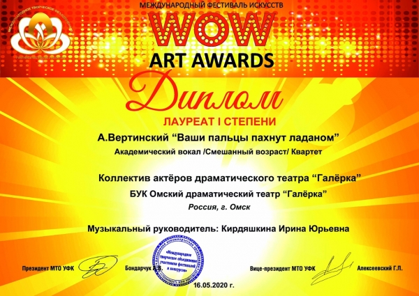 Театр &laquo;Галёрка&raquo; стал лауреатом Международного фестиваля &laquo;WOW ART AWARDS 2020&raquo;