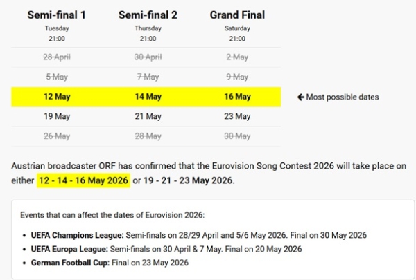 Евровидение-2026: объявлены предварительные даты шоу в Австрии